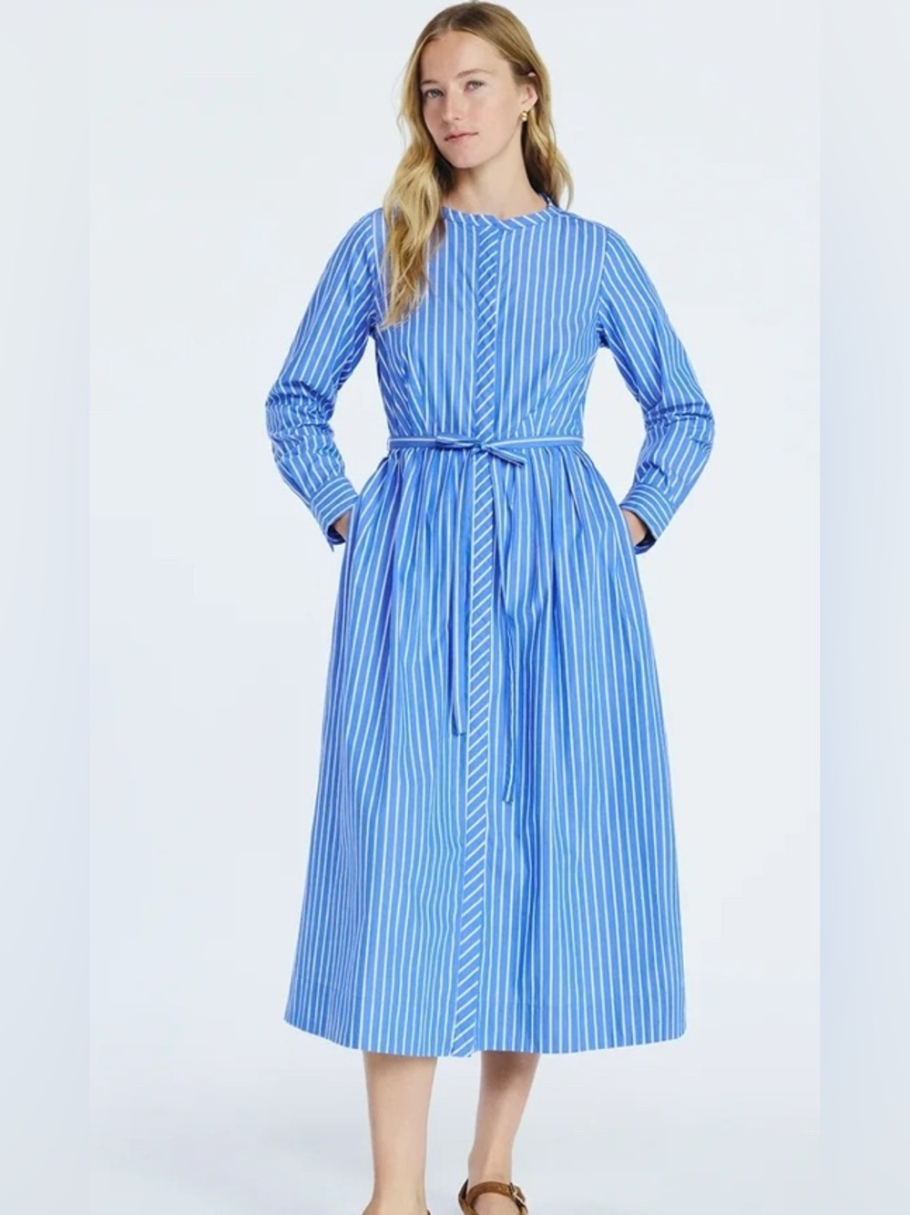 Free Assembly Women's Pleated Cotton Striped Midi Shirtdress Size S Blue & White